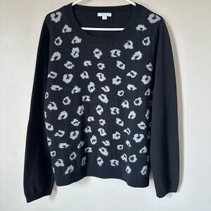 Garnet Hill Sweater Womens Extra Large Black Gray Leopard Print Wool Crewneck